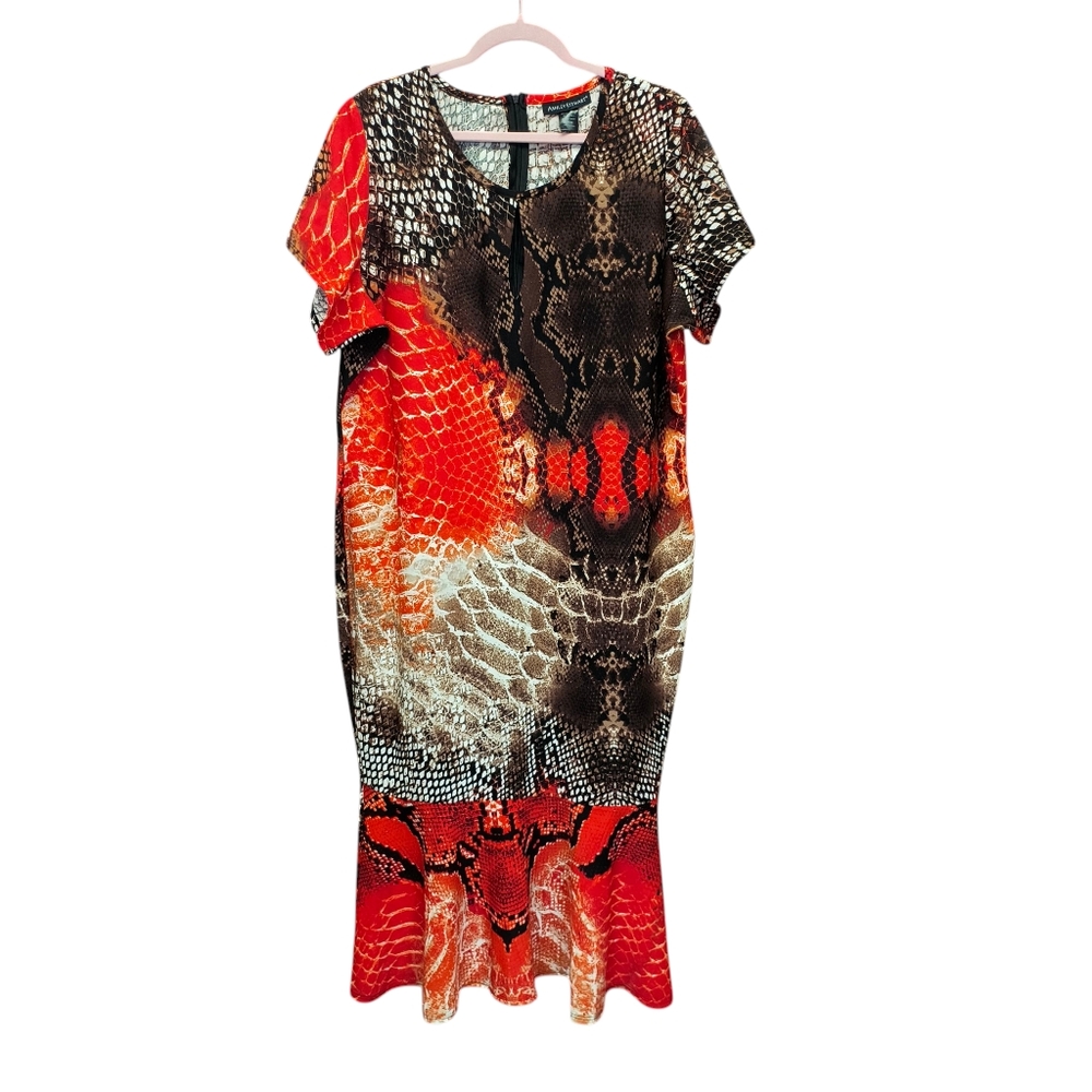 ASHLEY STEWART Snake Print Midi Dress Size 18/20 Stretchy Ruffle Bottom Festive